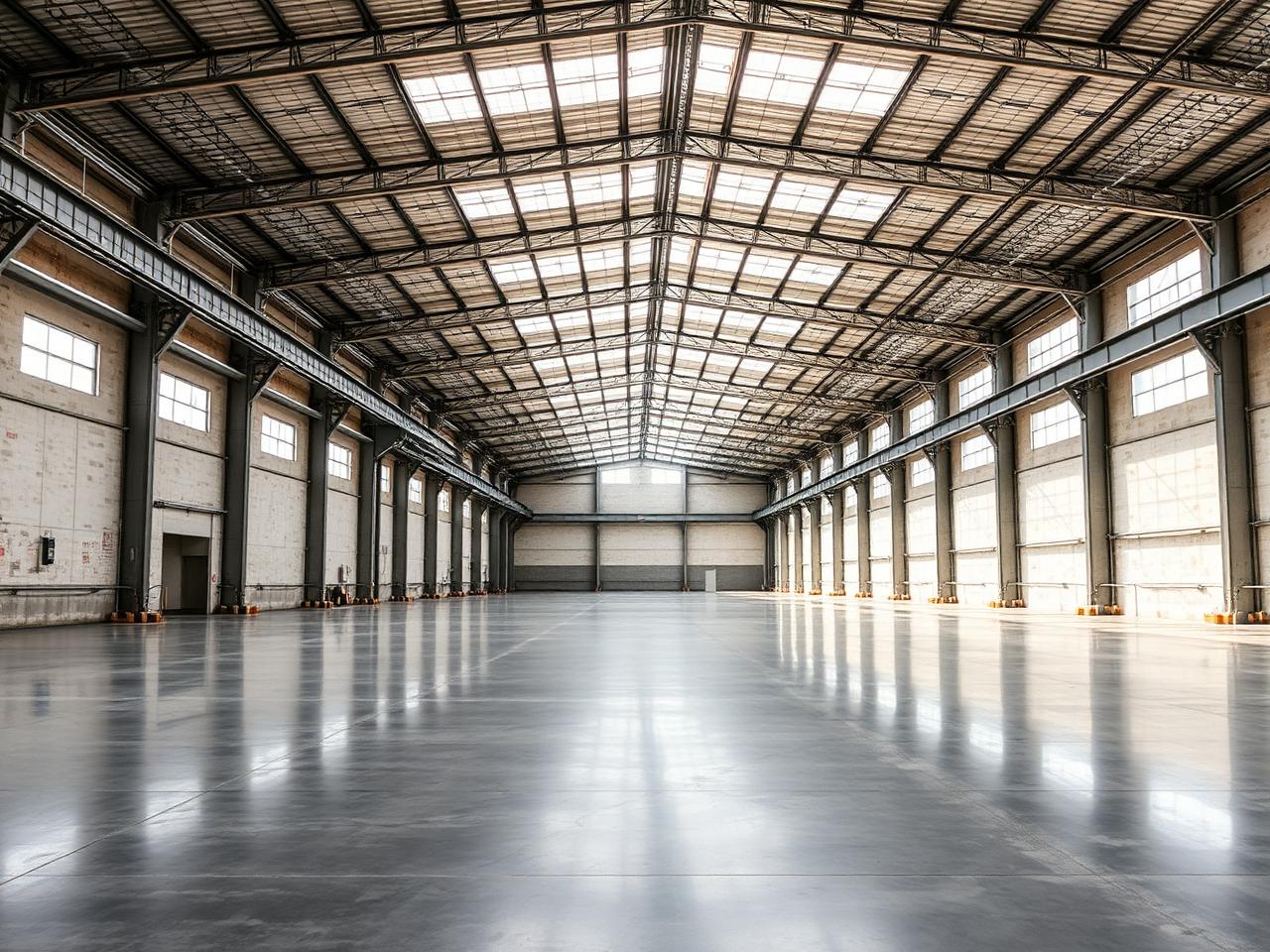 Empty industrial warehouse shell with polished concrete and high ceilings